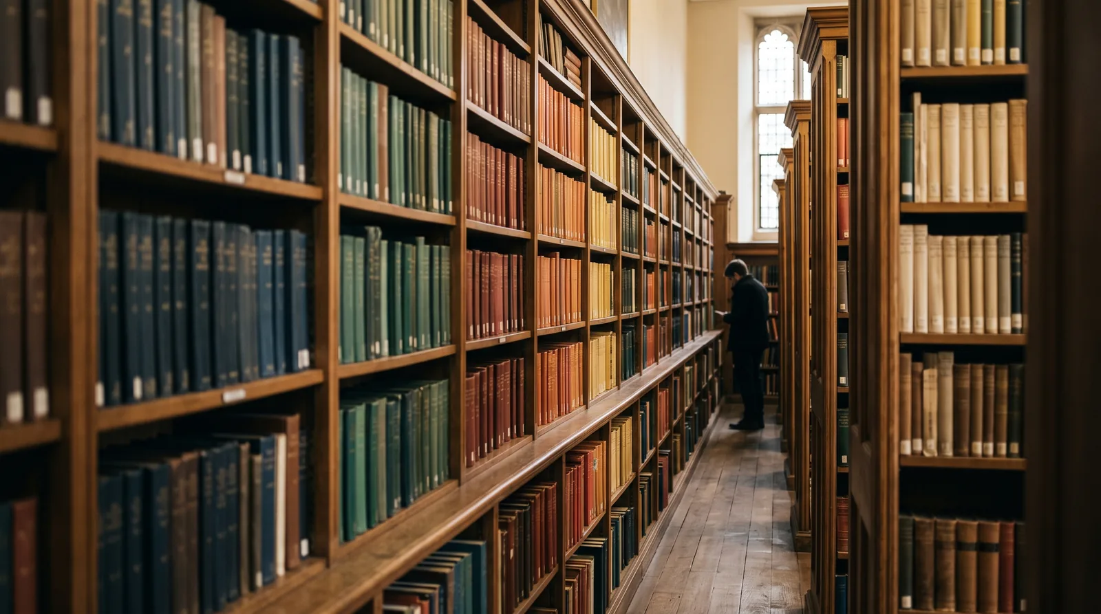 Библиотечные стеллажи с книгами, разобранными по цветам