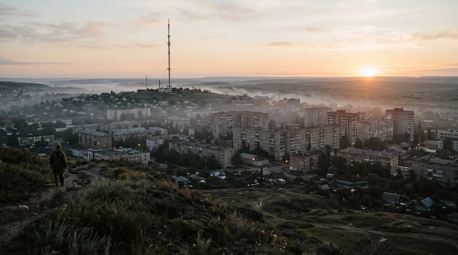 Областной город на рассвете с холма: дома, мачта связи и степь